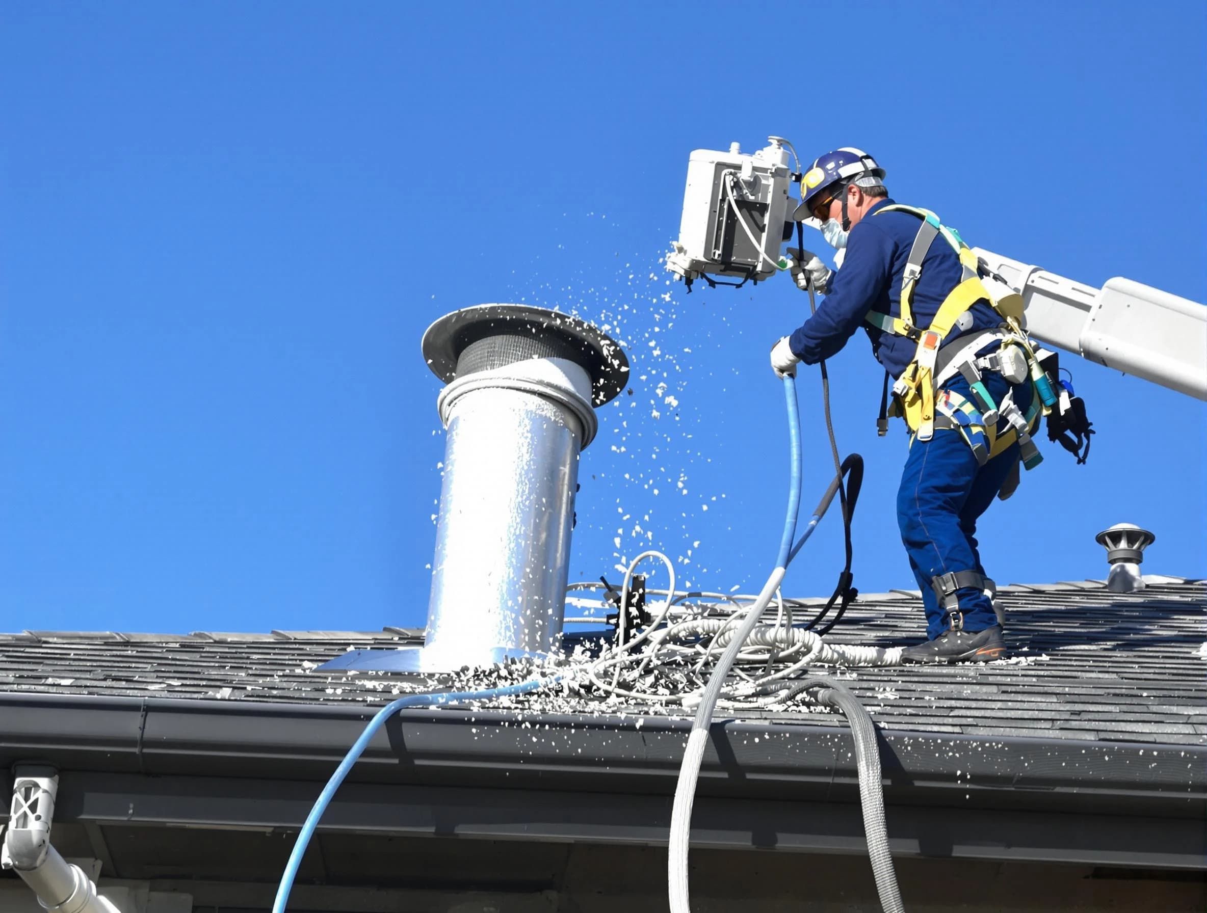 Firestone Dryer Vent Cleaning certified technician safely cleaning a roof-mounted dryer vent in Firestone