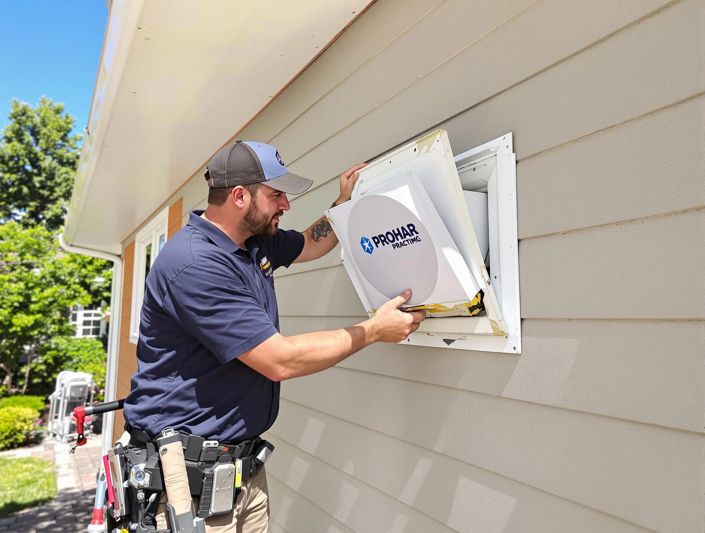 Firestone Dryer Vent Cleaning technician installing a new protective dryer vent cover on a home in Firestone