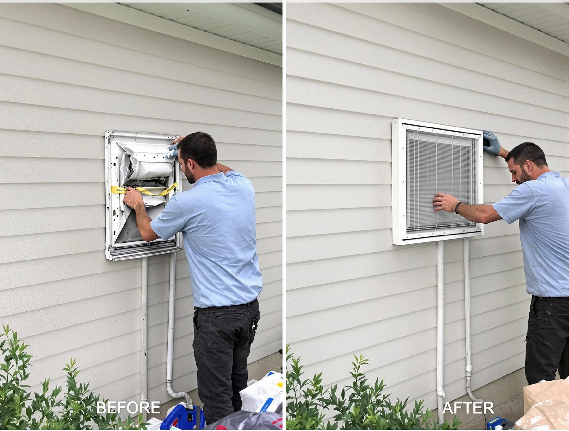 Firestone Dryer Vent Cleaning technician installing high-quality dryer vent cover at a residential property in Firestone