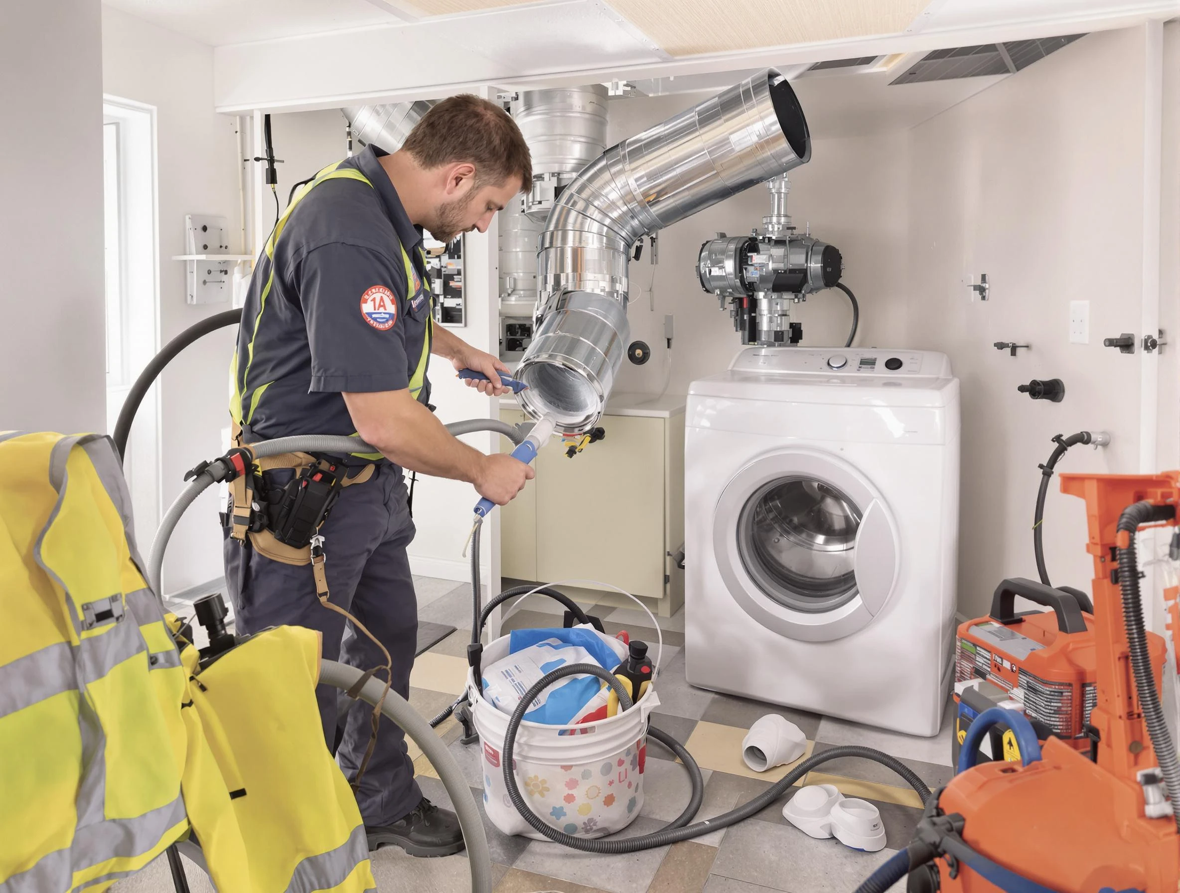 Firestone Dryer Vent Cleaning technician using specialized equipment to clear severe dryer vent blockage in Firestone